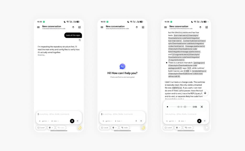 Remodex mobile: encrypted chat, voice waveform, git branch, and model picker